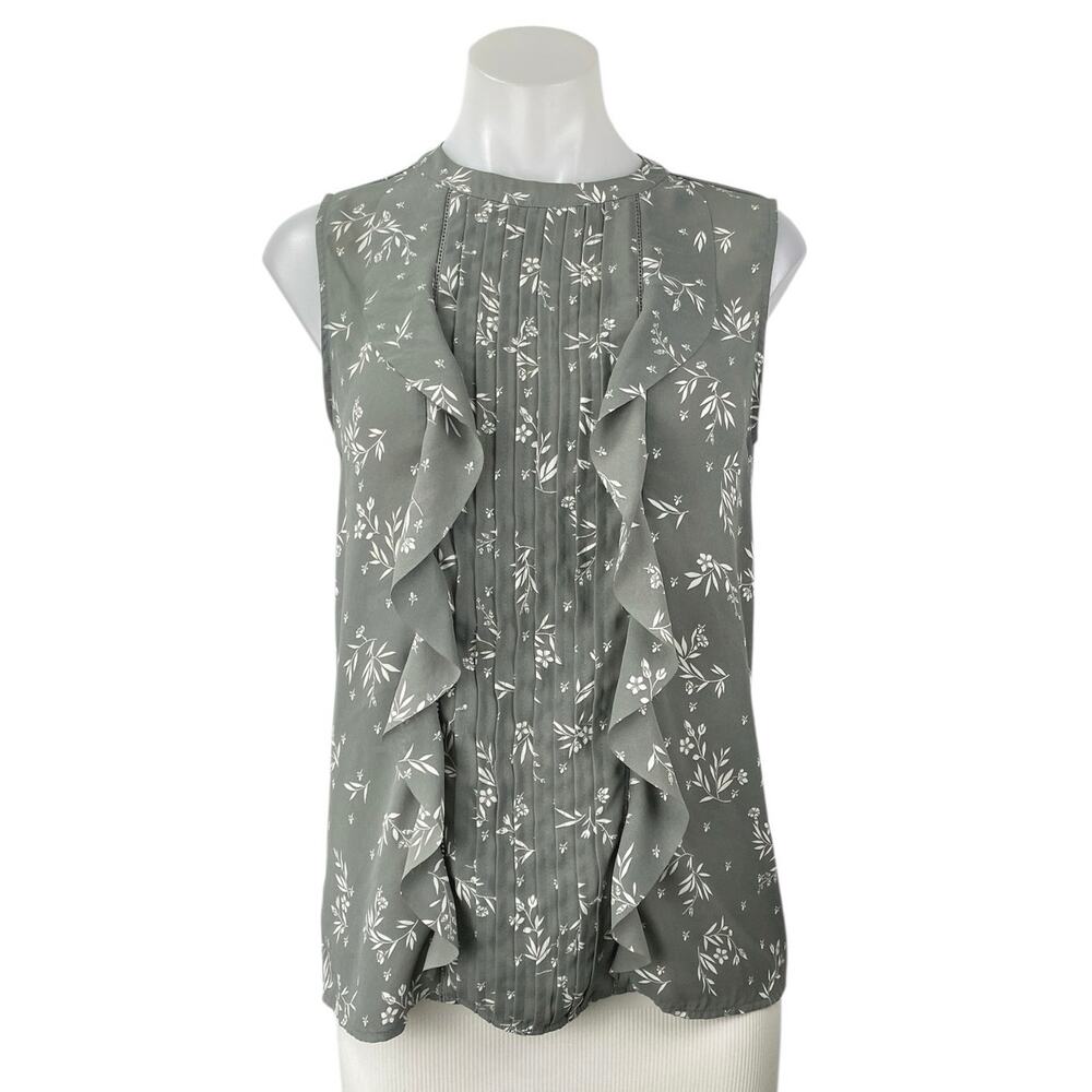 Ann Taylor Women's Green Sleeveless Floral Ruffle Pintuck Tank Blouse Top Size S
